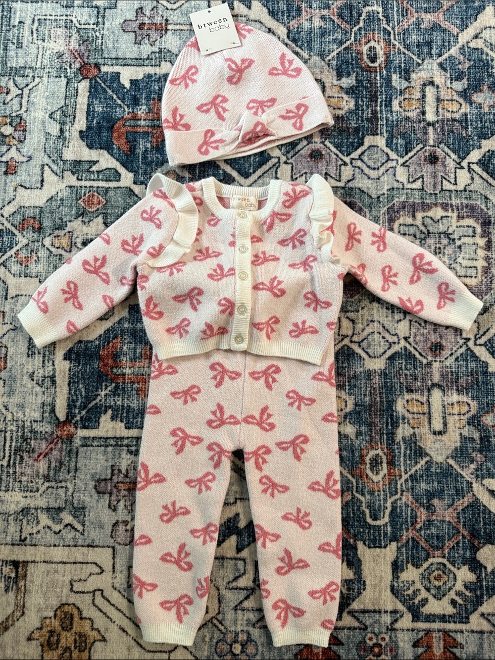 Pink Bow Knit Baby Set with Hat